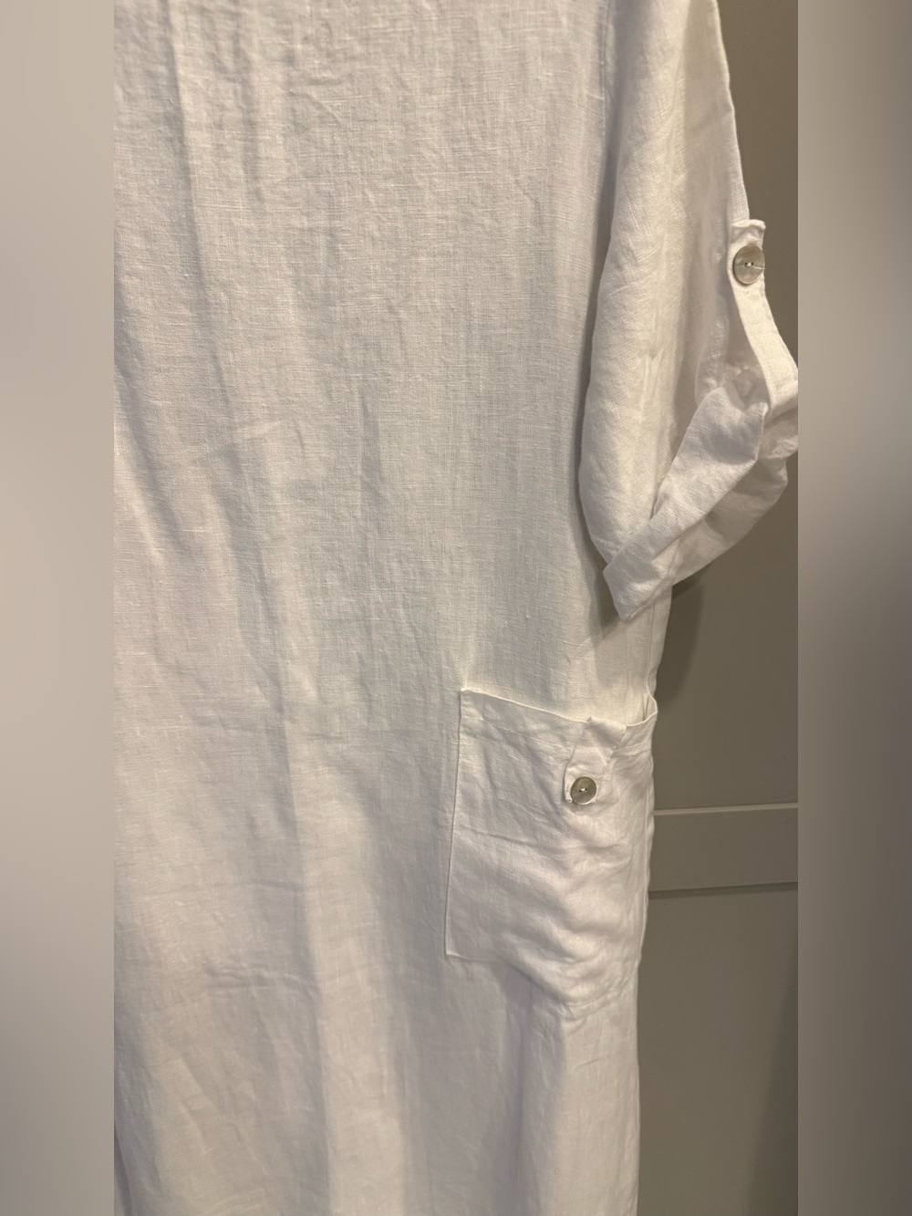 Lightweight White Linen Tunic Dress with Button Pockets, Italy L - Picture 4 of 4